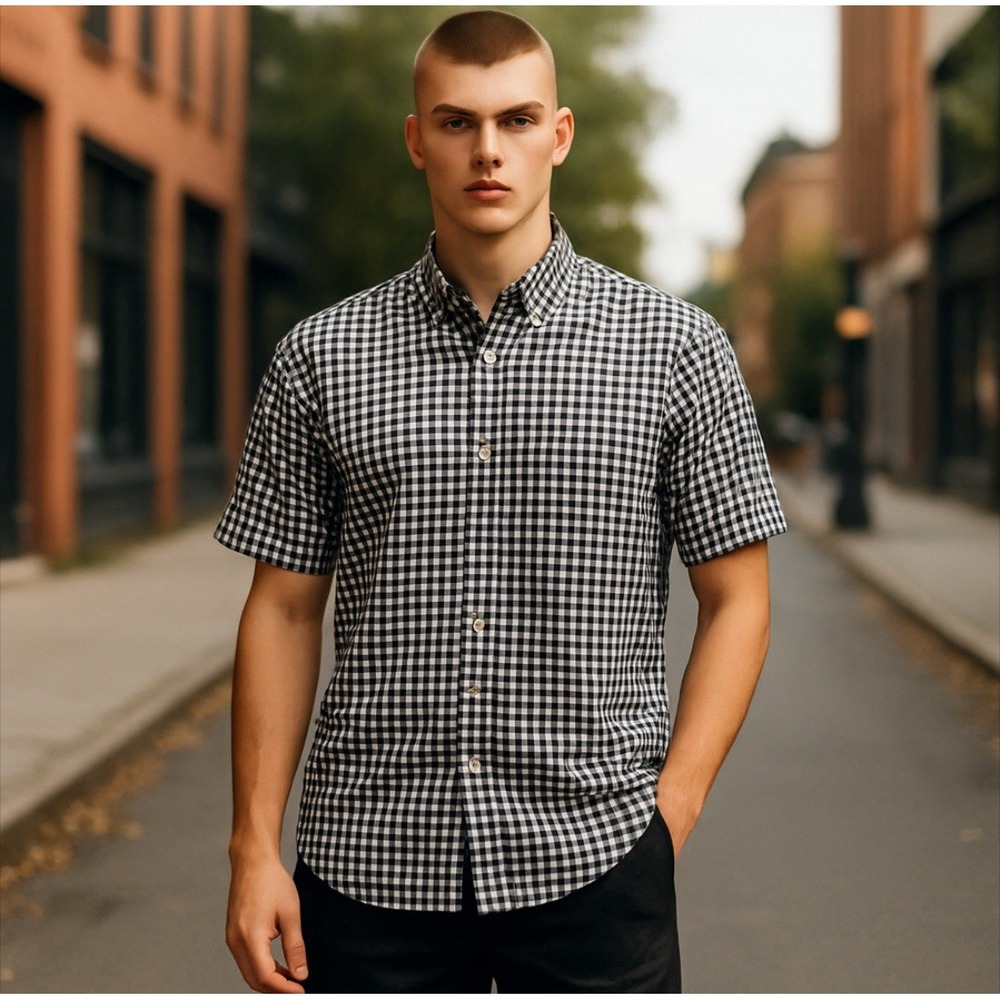 Ralph Lauren Mens Medium Black White  Button Down short sleeve Preppy Classic
